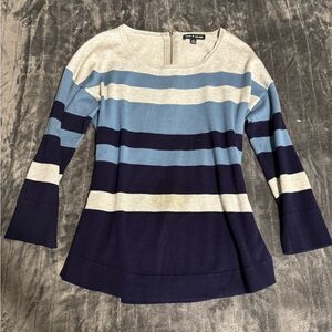 Blue, Navy, and Grey Striped Cable & Gauge 3/4 Sleeve Sweater